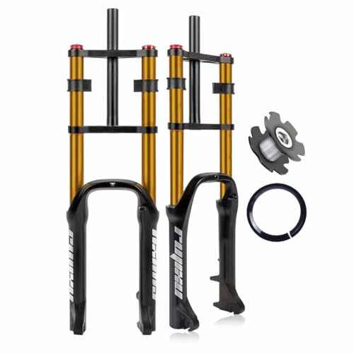 LHHL Doppelschulter Federgabel 20 4.0 Fetter Reifen Luft Gabel Strand Schnee Fahrrad Stoßdämpfergabel Dämpfung Einstellen 1-1/8 Scheibenbrems Gabel 140mm Federweg 9mm QR 2630g(Gold)