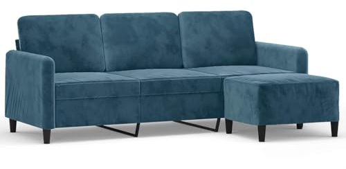 Qifoedo 3-Sitzer Samtsofa mit Hocker Blau 198 x 77 cm Modernes Design Robustes Metallgestell 110 kg pro Sitzplatz Couchgarnitur für Wohnzimmer Schlafzimmer Büro