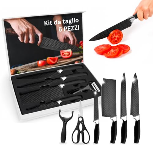 Avilia - Set Coltelli da Cucina 6 Pezzi in Acciaio Inox – Kit Professionale con Coltello da Chef, Trancio, Multiuso, Mannaia, Forbici da Cucina, Pelapatate – Motivo Diamante – Box Magnetica