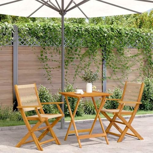 YunCangg 3-TLG Bistro-set beige med polypropen och massivt akaciaträ, vikbart, väderbeständigt, perfekt för trädgård, terrass, balkong, utrymmesbesparande och robust för matgrupp utomhus
