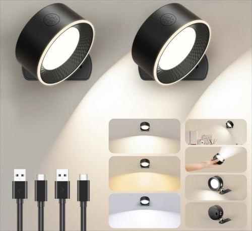 Generico Lampada da parete LED ricaricabile a batteria per interni, 2 pezzi, con 3 modalità di colore e telecomando, ricaricabile tramite USB-C, adatta per camera da letto, soggiorn