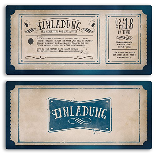 gestaltenlassen.com (30 x) Einladungskarten Geburtstag Vintage Retro Ticket Blau Alt Einladungen