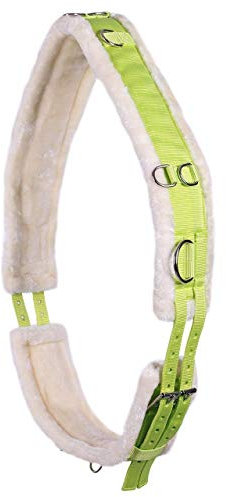 QHP Longiergurt Ontario auf beiden Seiten einstellbar, mit Mehreren Ringen und weichem Kunstfell (Warmblut, Lime)