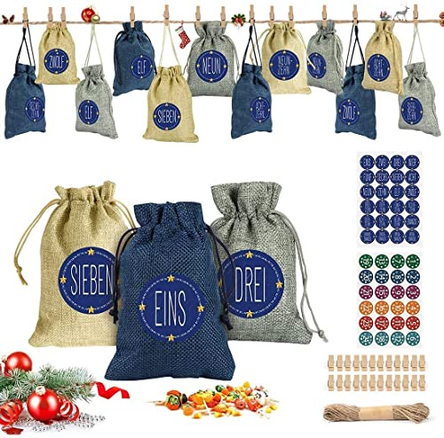 Adventskalender zum Befüllen, 24 Weihnachtskalender Stoffsäckchen zum Selberfüllen, mit 24 Zahlen Aufkleber Mini Holzklammern und Hanfseile,Jutesäckchen zum selber befüllbar Aufhängen Bastelset