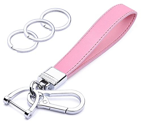 wisdompro Genuine Leather Car Keychain, Universal Heavy Duty Car Key FOB Key Chain Holder, leather Strap Keyrings for Car Keys with Anti-lost D-ring for Men & Women - Pink