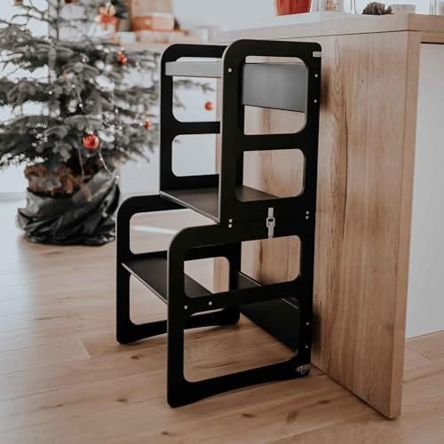 Lernturm, Küchenturm und Tisch, Küchenstuhl für Kinder, Montessori Küchenturm, Kitchen Helper (Schwarz)