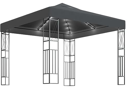 vidaXL Cenador con Tira de Luces Lateral Pérgola Jardín Patio Toldo Sombrilla Parasol Tienda Carpa Marquesina Desmontable 3x3 m Tela Gris Antracita