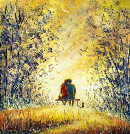 Acryl-Bild 80 x 80 cm: Ölgemälde Romantik und Liebe. Ein liebevolles Paar und eine Katze - ein junger Mann und ein schönes Mädchen sitzen auf einer Ban(128706448)