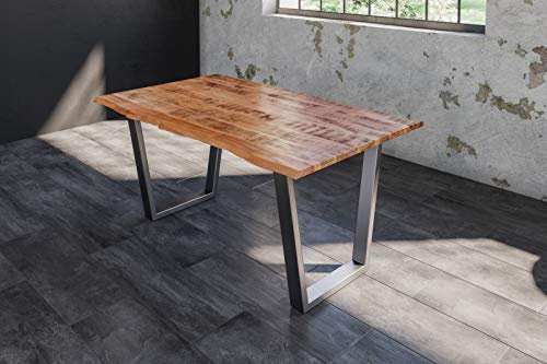SAM Esstisch Dora 120x80 cm Mangoholz Baumkante V-Gestell Silber | Baumkantentisch massiv, naturfarben lackiert, 26 mm Tischplatte, Metallgestell