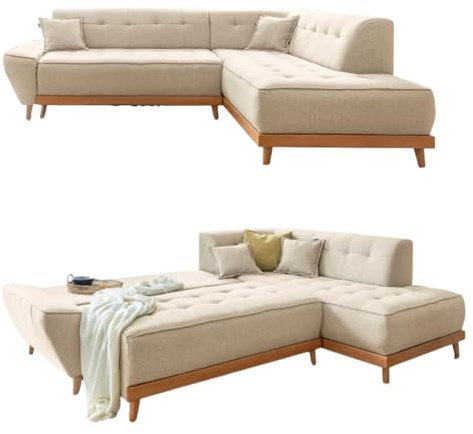 MIUFORM Dazzling Daisy Ecksofa mit Bettfunktion und Bettkasten | L-Form rechts | 253 x 190 x 77 cm Couch | Sofa Schlafsofa Eckcouch (Beige) | Sofa mit Schlaffunktion, Schlafsofa mit Bettkasten, Ecksofa L-Form, 253x190x77cm, Couch mit Schlaffunktion, Sofa Bed Klappbar