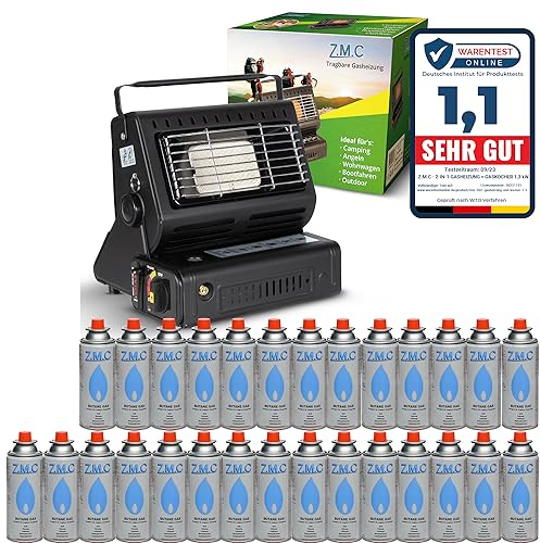 Z.M.C Calentador de gas portátil 2 en 1 y hornillo de gas con conexión LPG + 28 cartuchos de gas de 227 g, calefacción de camping de 1,3 kW, calentador de gas portátil para exteriores con encendido
