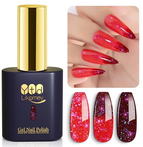 YTD Likomey UV Gel-lack Nagellack,15ml Röd Vinröd Glitter Temperaturfärg Gel Nagellack,Färgskiftande Manikyr Alla hjärtans dag Gel Polish,Kameleontfärg Gellack