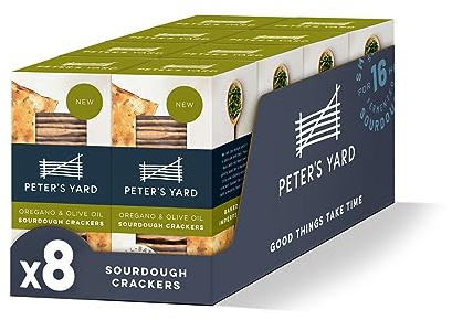 Peter's Yard Sourdough Crackers, Oregano and Olive Oil, Great with Chutney and Cheese, High Fibre, Natural Ingredients, Low Sugar, Pack of 8 x 90g Boxes