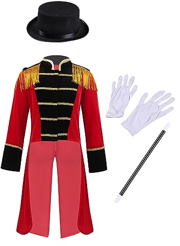 Lorilida Girls/Boys Circus Magician Outfit Kids Ringmaster Tailcoat Jacket with Hat Magic Wand Gloves Red 16 Years