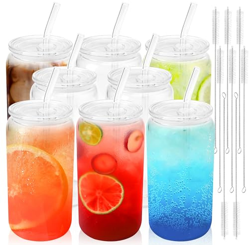 Joyclub 8pcs Glass Cups with Acrylic Lids and Straws 16 oz Can Shaped Glass Iced Coffee Cups with Lids and Straws, Cute Tumbler Cup Drinking Glasses for Smoothie Whiskey Boba Soda Tea Gift