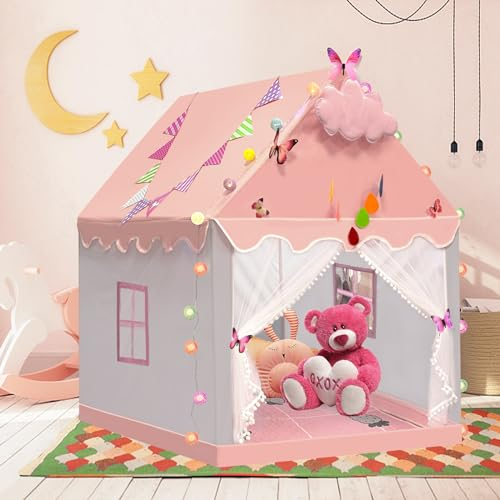 Kinderzelt Indoor mit Sternenlichtern & Matte, Banner, Großes Spielzelt Kinder für Drinnen Spielzelt Bettzelt Zimmer Dekor Innen Außen Lesezelt 130x120x100cm Prinzessin Zelt mit Fenstern Mädchen