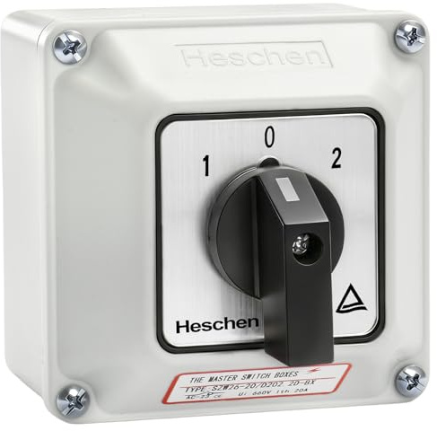 Heschen Universell roterande växelomkopplare, SZW26-20/D202.2D-BX, 660V 20A, 3 positioner on-off-on, 2 faser 8 terminaler, med ytterlåda huvudbrytare (större låda)