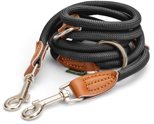 Leisegrün Hundeleine kleine Hunde leicht, 3-Fach verstellbar 2m, Schwarz | Hausleine, Kurzführer & Führleine für den Hund: rund geflochtenes Nylon Paracord Seil, 1m bis 2 m, Umhängeleine, Welpenleine