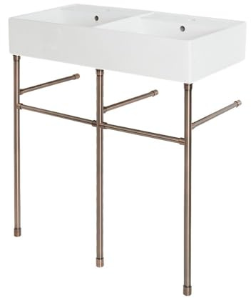 Milano Dalton White Ceramic 2 Tap Hole Double Bathroom Basin Sink Bronze Washstand - 820mm x 420mm
