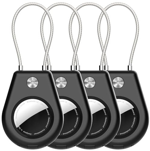 SkyArmor Säker AirTag-hållare med trådkabel, 4-pack Air-Tag-nyckelringshållare för nyckelring, nycklar, bagage, ryggsäck, stabilt skydd för Airtag-nyckelringar – svart, svart, Black/Black/Black/Black