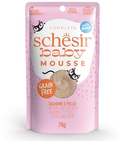 Schesir Baby Laxsmak i Mousse med DHA och Taurin, komplett våtfoder för kattungar (kuvert 12 x 70 g)