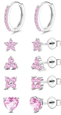 JeweBella 5 par örhängen silver för kvinnor flickor örhängen set örhängen kreoler silver 925 post rosa/grön/blå/lila örhängen stapelbara örhängen guld silver kreoler örhängen set för barn kvinnor