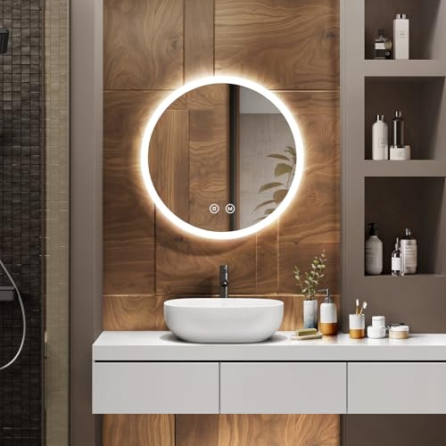 EMKE Espejo de Baño con Iluminación, Diámetro de 50cm, Espejo Redondo con Interruptor Táctil, Antivaho, Función de Memoria, Luz Cálida/Blanca Fría/Neutra