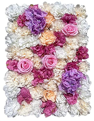 WooDerson Künstliche Blumenwand 12 Stück 40x60cm Rosenwand Kunstblumen Deko für Hochzeit Partei Schaufenster Rosa Lila Dahlie + Hortensie + Eukalyptus ﻿