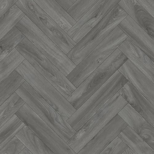 VINYL FLOORING UK Dusky Herringbone Grey Wood Effect Anti-Slip Vinyl Flooring For Kitchen, Bathroom, Dinning Room, 1.9mm Thick Vinyl Sheet -3 X 2 mt