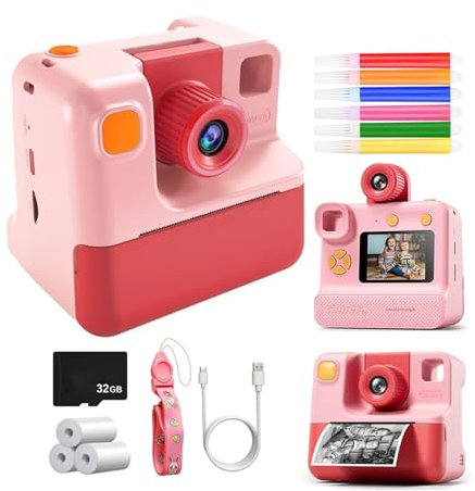 dijiusidy Kinderkamera, Sofortdruck, Kinder Sofortdruck, Kinder Sofortbildkamera, Sofortbildkamera, 180° Objektiv, umklappbar, Selfie Kinderkamera, Rosa Rot