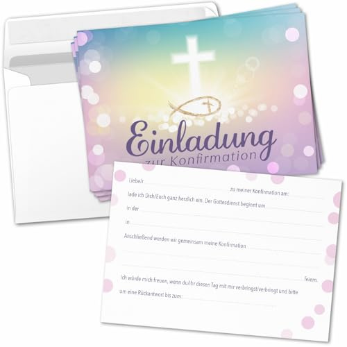 8 Einladungskarten Einladung Konfirmation mit Umschlag zum selber ausfüllen - Kirche Konfi Einladungen Postkarten Umschläge Modern Rosa Blau Kreuz Fisch