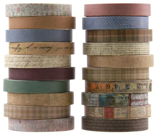 Vintage Washi Tape Set 20 Rolls Skinny Retro Decorative Antique Patterns Masking Tapes Adhesive Paper Tape for Kids DIY Crafts Arts Bullet Journals Planners Notebook Scrapbooking Gift Wrapping