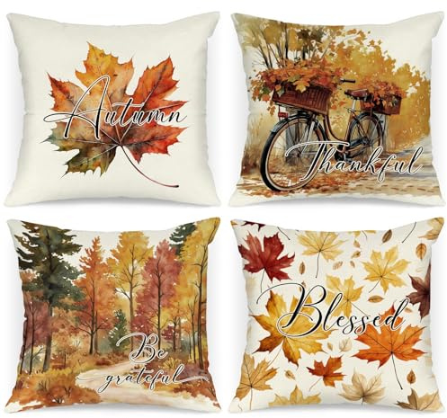 Benjia 40x40 Autumn Cushion Covers Set of 4, Watercolor pumpkin bicycle Decorative 16 x 16 Inch Fall Throw Pillow Covers Thanksgiving Pillowcase for Indoor Home Bedroom Sofa Decor 40 x 40 cm