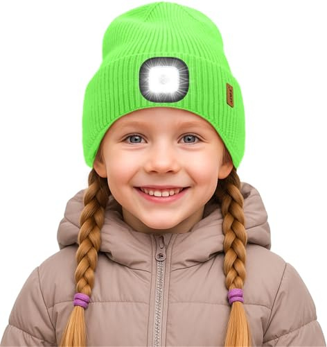 ATNKE Barn LED mössa med ljus, USB uppladdningsbar 4 LED Löpning Keps Ljus Ultra Ljus Handfri Lampa Vinter Varm Fleece Fodrad Stickad Mössa Gåvor för Pojkar och Flickor, Fluorescerande grön, one size