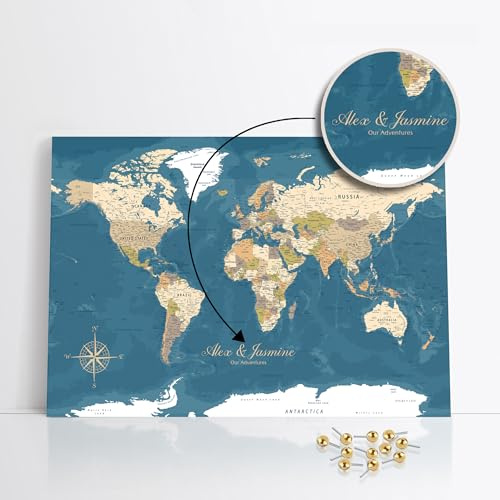 framed concept | Personalisierte Weltkarte mit Pinnnadeln | Handgefertigte Wanddekoration mit 50 goldenen Pins | Einzigartige Geschenkidee