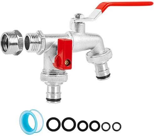 Doppelter Gartenwasserhahn aus Messing – Universal-Doppelauslauf 3/4 & 1/2 Zoll, frostbeständiger Außenwasserhahn mit 2 Schlauchanschlüssen für Terrasse und Rasen