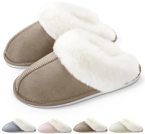 RUVVDR Hausschuhe Damen Herren Winter Warme Pantoffeln Damen Herren mit Memory Foam Flauschige Plüsch Weiche Rutschfeste Slippers Innen Außen，Khaki，38-39 EU