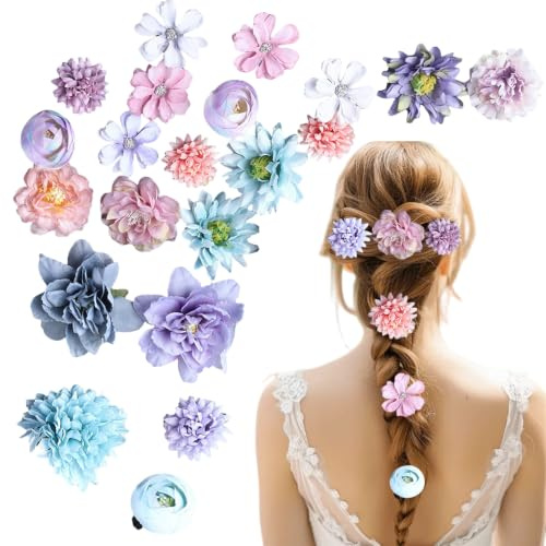 21 Pièces Barrette Fleur Artificielle Pince à Cheveux Bohême Hair Clips, été Barettes Cheveux Bebe Fille, Rouge Pince Crocodile Cheveux, Accessoires de Coiffure (Bleu Violet)