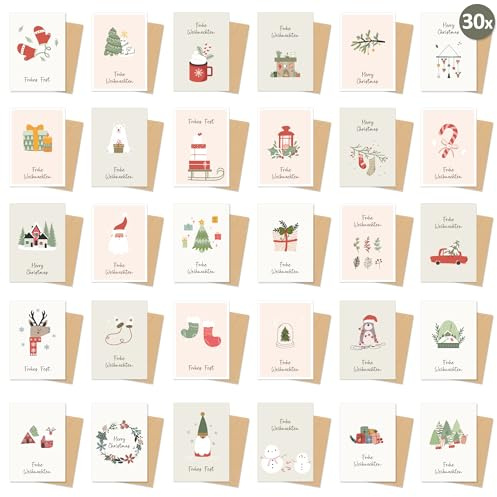 30 Weihnachtskarten mit Umschlag Set - Karten Weihnachten Set - Klappkarten Weihnachtsgrußkarten mit 30 verschiedene Designs, Frohe Weihnachten Karten für Familie Freunde – A6 Klappkarten