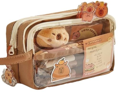 fairytell Capybara Federmäppchen mit 5 Fächern, Plüschtier und Aufklebern, Großes Schulmäppchen in Braun, Mehrstöckiges Design