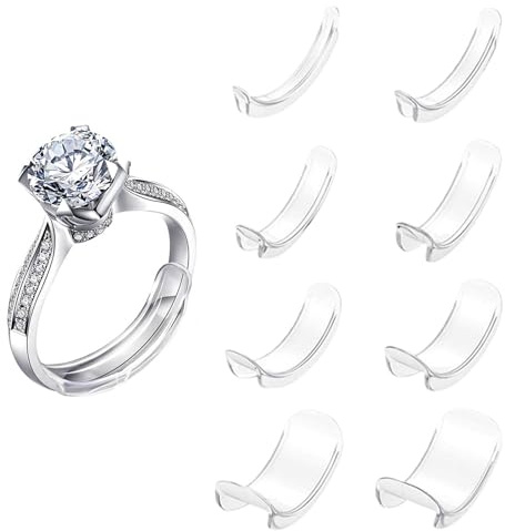 VBSYUYQ 8 Sizes Invisible Ring Size Adjusters, Soft TPU Clip-On Ring Tighteners, Ring Guards Spacers for 1-10mm Wide Bands, No Tools Needed for Wedding Engagement Rings Women Men