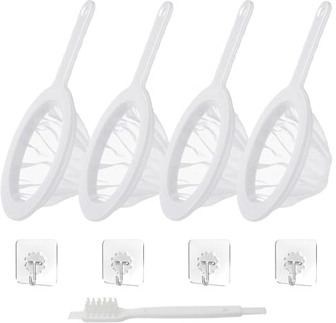 4 Stück Feines Küchen Sieb Filter - 200 Mesh Feinmaschiger Haarsieb Küche Netzsieb mit Griff Extra Fein Nylonmaschen FeinesSieb mit Reinigungsbürste und Haken Kefir Trichterfilter Sieb für Saft Kaffee