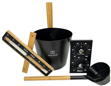 Saunaloft Premium bastu tillbehörsset, aluminium och bambu i svart, med termometer och hygrometer, hink, slev och timglas