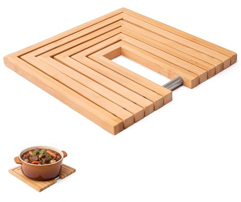TARUNMO Bamboo Trivet for Hot Pans, Expandable Wooden Heat Resistant Mat with Non-Slip Base, Extendable from 19 to 38 cm, Folding Pot Stand for Kitchen Worktop and Table Protection, 1 Pack