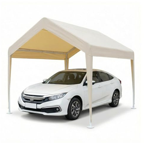 MBBTAG Carport Tente de Garage Abri de Voiture Extérieur Robuste en Métal avec Renfort Triangulaire, Toile Oxford Imperméable Anti UV pour Neige et Pluie(Beige,3x4m)