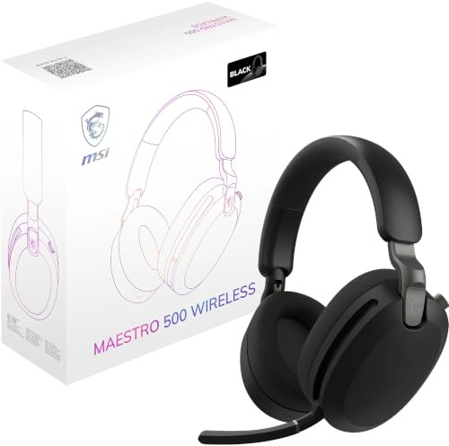 MSI MAESTRO 500 trådlöst svart headset, aktiv brusreducering, transparensläge, 2,4 GHz låglatens, Bluetooth 5.4, 3,5 mm trådbunden, 40 mm drivrutiner, infällbar flip-to-tyst mikrofon, 90+ timmars