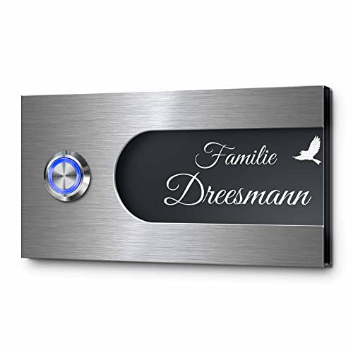 Türklingel mit Gravur LED-Klingelknopf und über 99 Motive 12x6,5 cm | Modell: Dreesmann-Aa | gravierte Klingel aus Hochglanz Acrylglas und Edelstahl Klingelschild
