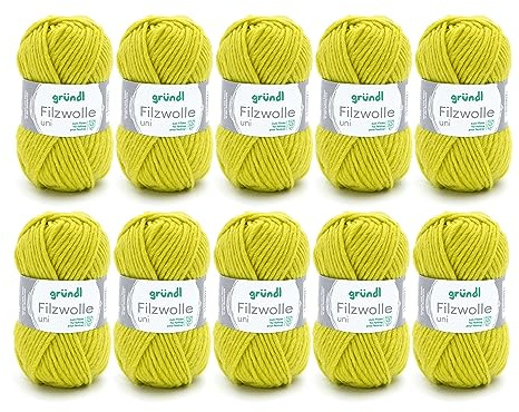 Gründl filtull uni (ull för filning, stickning och virkning, garn tillverkat av 100% ny ull, 50 g/50 m, nåltjocklek: 8 – 9, 10 x 50 g), lime, 31 x 32 x 7,5 cm