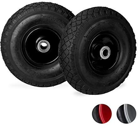 Relaxdays Set di 2 Ruote 3.00-4 per Carriola, ad Aria, 260x85 mm, Cerchione in Acciaio, Max.100 kg, Nero, Gomma, Set da 2 Pz