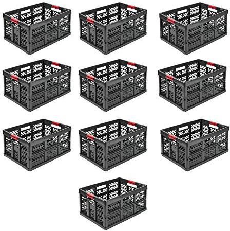 Lot de 10 boîtes à provisions pliables professionnelles robustes 45 l - 54 x 37 x 28 cm - Pliable avec poignées ergonomiques - Caisse de transport empilable - Graphite